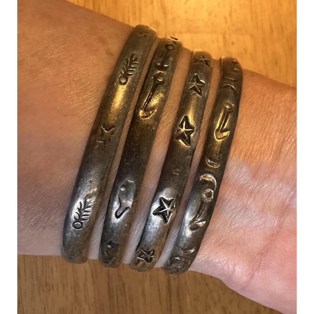 VTG Mexico Sterling Silver 925 Bangle Bracelet Set 4 Stamped Stars Moon Leaf 59g